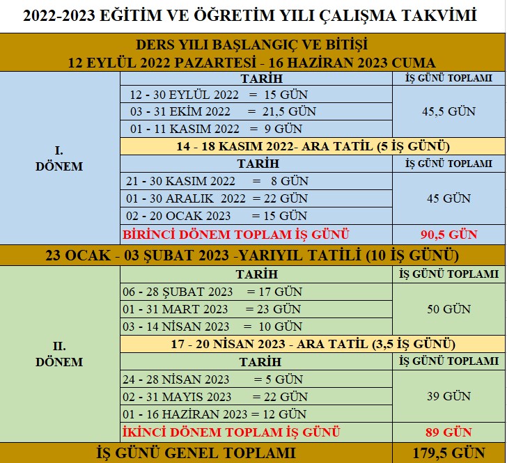 2022 - 2023 Eğitim ve Öğretim Yılı Akademik Takvimi